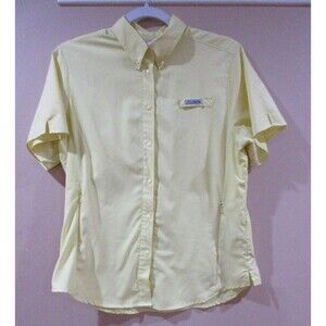 Columbia Omni-Shade PFG Snap Shirt Women M Yellow Short Sleeve Side Pockets Zip